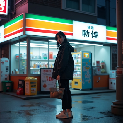 AI-generated photo: Photorealistic lifestyle fashion photography. A cinematic evening portrait outside a Japanese conven...