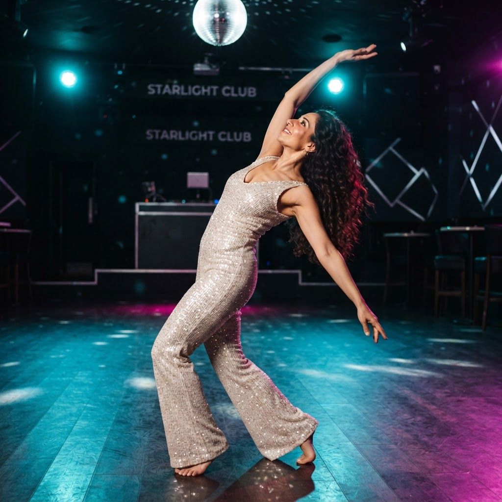 Retro Disco Star in Motion: Full-body side profile on an empty club dance floor, leaning back into a dance step with one arm arched above her head.