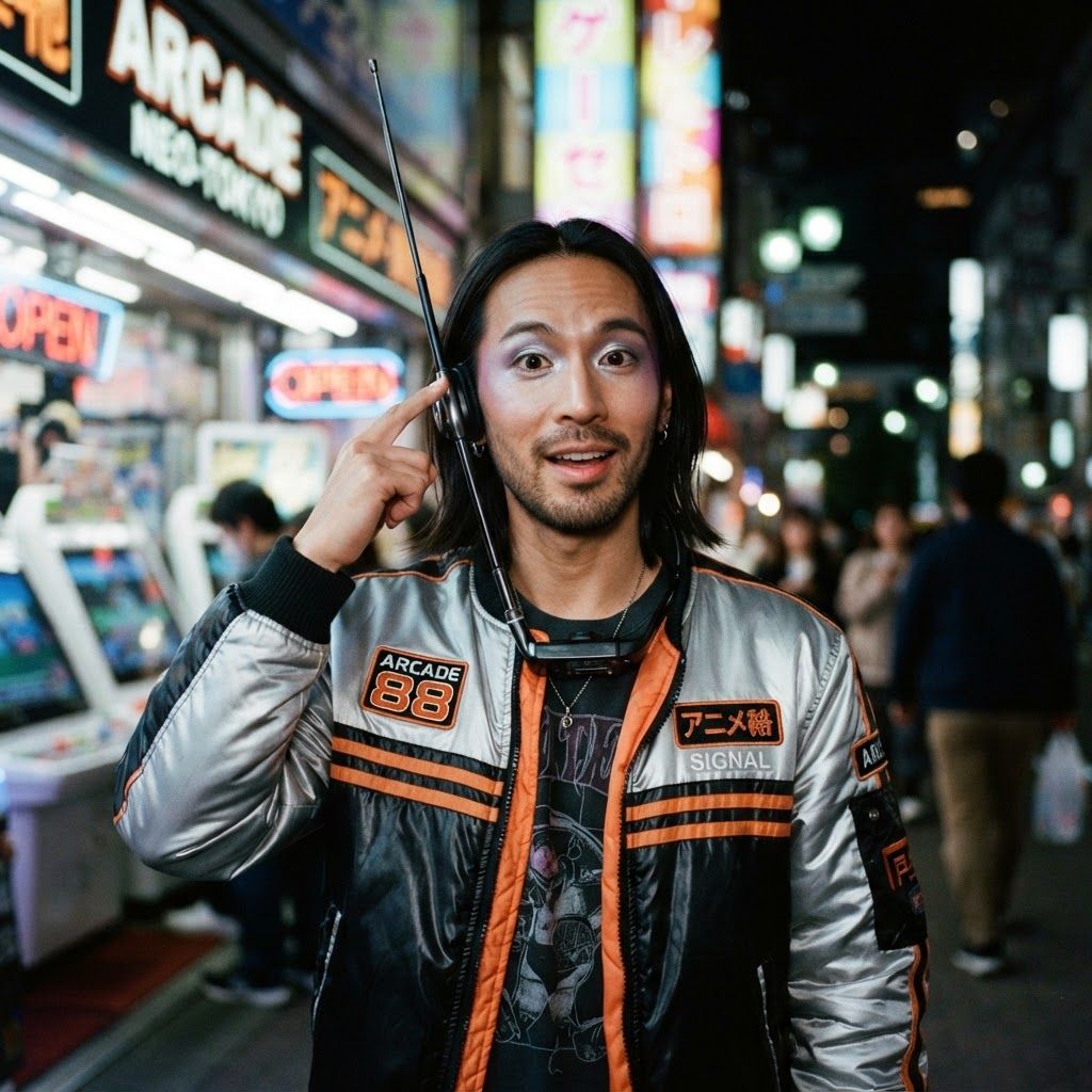 Retro Space Alien Under Colorful Night Lights: Waist-up portrait outside a glowing arcade at night, with colorful game lights blurred behind.