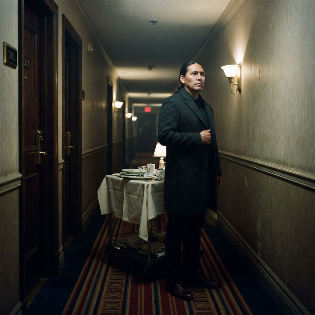Hotel Corridor Tension: One visible person paused beside an abandoned room-service cart in a narrow hotel corridor, fitted coat draped neatly, one hand near the…