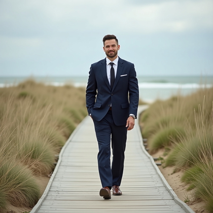 AI-generated photo: Photorealistic wedding portrait photography on a seaside boardwalk threading through dune grass unde...