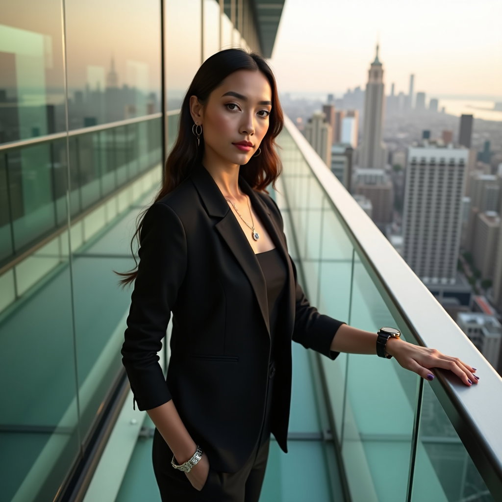AI-generated photo: Photorealistic travel lifestyle photography: glass skywalk cantilevered over a skyline at late after...