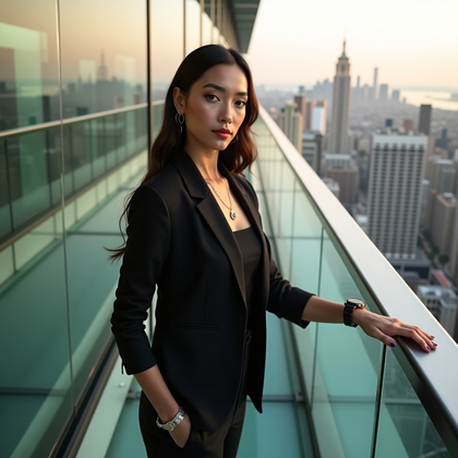 AI-generated photo: Photorealistic travel lifestyle photography: glass skywalk cantilevered over a skyline at late after...