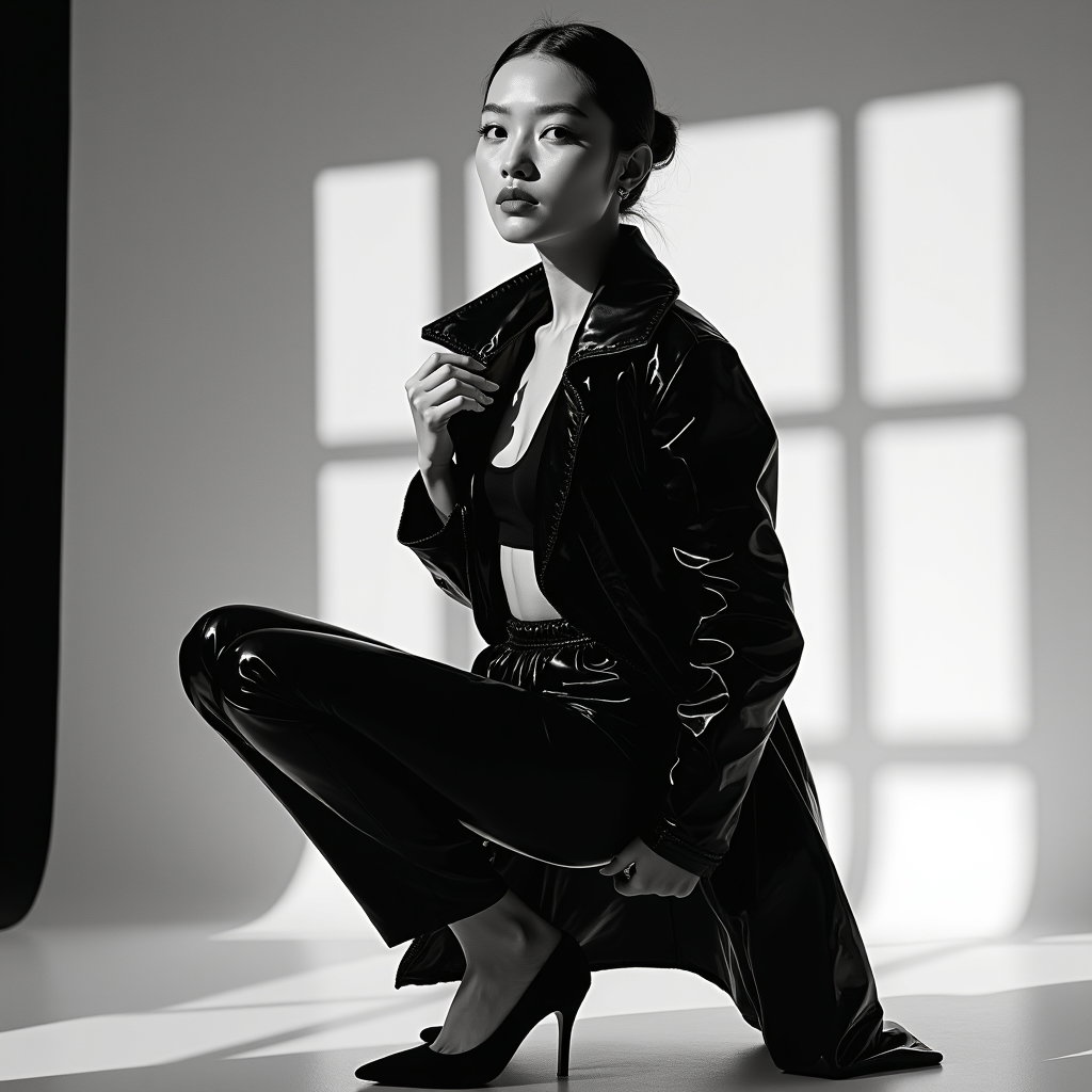 AI-generated photo: Photorealistic studio fashion photograph in classic black-and-white, featuring a minimalist set with...