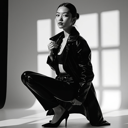 AI-generated photo: Photorealistic studio fashion photograph in classic black-and-white, featuring a minimalist set with...