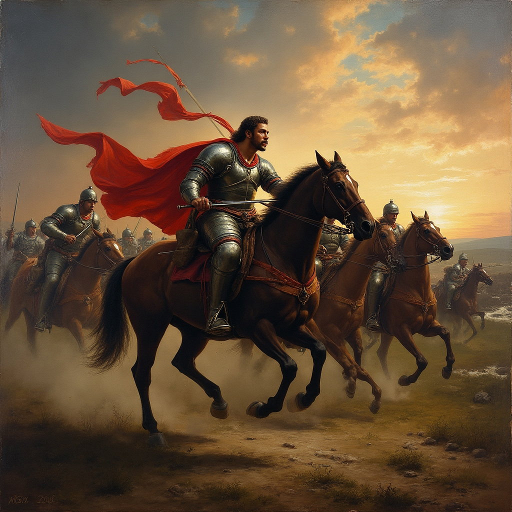 AI-generated photo: Baroque oil painting. A frenetic cavalry charge is captured mid-action, set against the backdrop of ...
