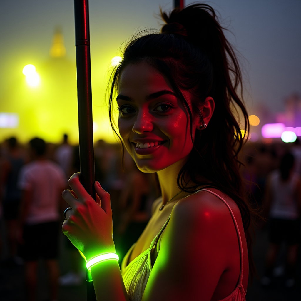 Neon Night Main Stage Silhouette example: Photorealistic festival portrait photography. Close-up tucked beside a foggy side-stage truss, the face clearly visible