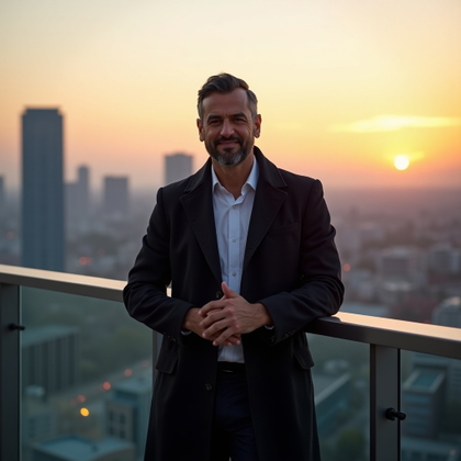 LinkedIn photo photography. Wide editorial hero image on a high-rise office terrace at golden hour, with the subject placed on one side of the frame and open negative space for article text, hands loosely clasped while facing the viewer. Style with sophisticated office attire and a tailored overcoat, softly rendered skyline, warm amber rim light mixed with cool city blues, and a polished magazine-quality finish.