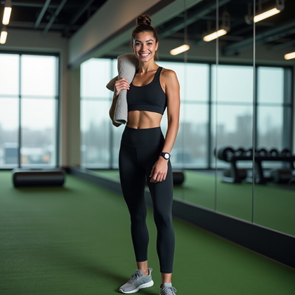 AI-generated photo: Photorealistic gym portrait — full-body standing pose in front of a floor-to-ceiling mirror wall, on...