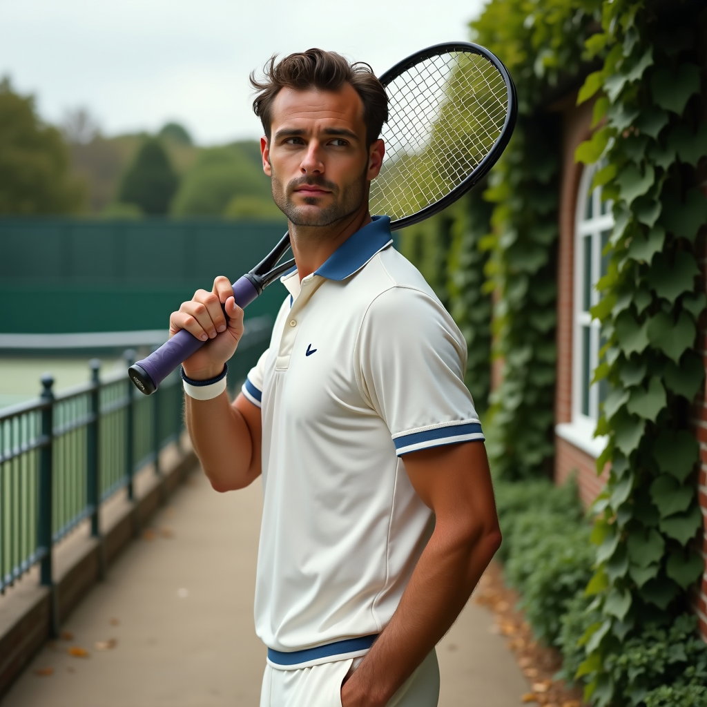 Confident Racket-Over-Shoulder Hero Portraits example: Photorealistic environmental portrait photography. Place the subject near a vintage country-club walkway beside ivy-cove
