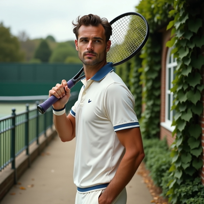 Confident Racket-Over-Shoulder Hero Portraits example: Photorealistic environmental portrait photography. Place the subject near a vintage country-club walkway beside ivy-cove