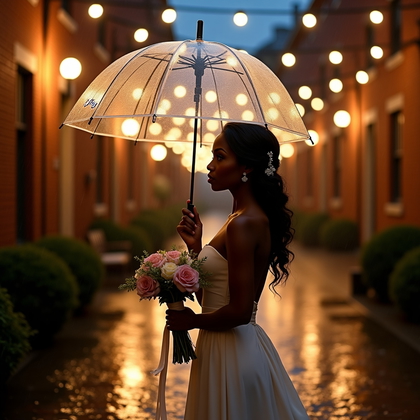 AI-generated photo: Photorealistic wedding photography in a rain-kissed brick courtyard at night, string lights glowing ...