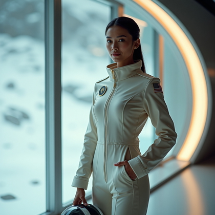 AI-generated photo: Photorealistic sci-fi portrait photography. A sleek final portrait in a moon base residential atrium...