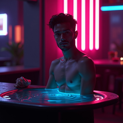 AI-generated photo: Photorealistic nightlife portrait photo on an industrial set dressed with neon tubes and a matte cha...