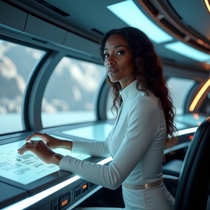 AI-generated photo: Professional branding photography, a confident founder posed at a moon base operations console with ...