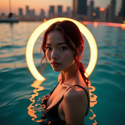 AI-generated photo: Photorealistic underwater portrait photography. The subject is posed just below the surface in a gla...