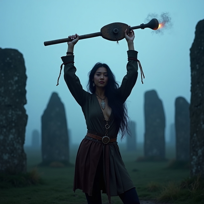 AI-generated photo: Photorealistic editorial fashion photography on a moor at pre-dawn blue hour, a ring of ancient stan...