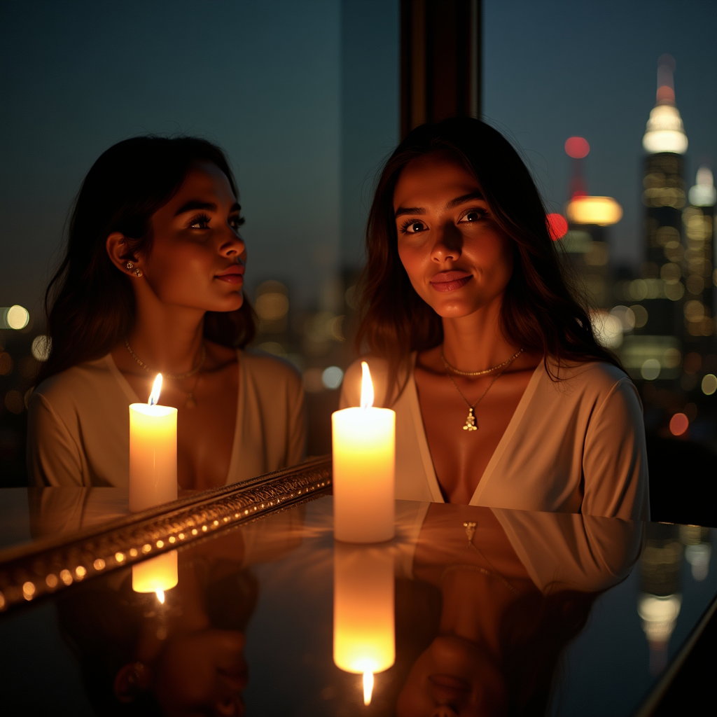 Rooftop or City Night Birthday Photos example: Photorealistic birthday portrait photography. Creative rooftop reflection portrait with the subject’s face clearly visib