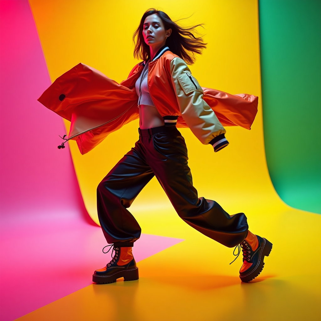 Full-Body Fashion Editorial Pop Star Cover Photos example: Photorealistic fashion editorial album cover photo. Motion-action full-body shot with the subject captured mid-stride ac