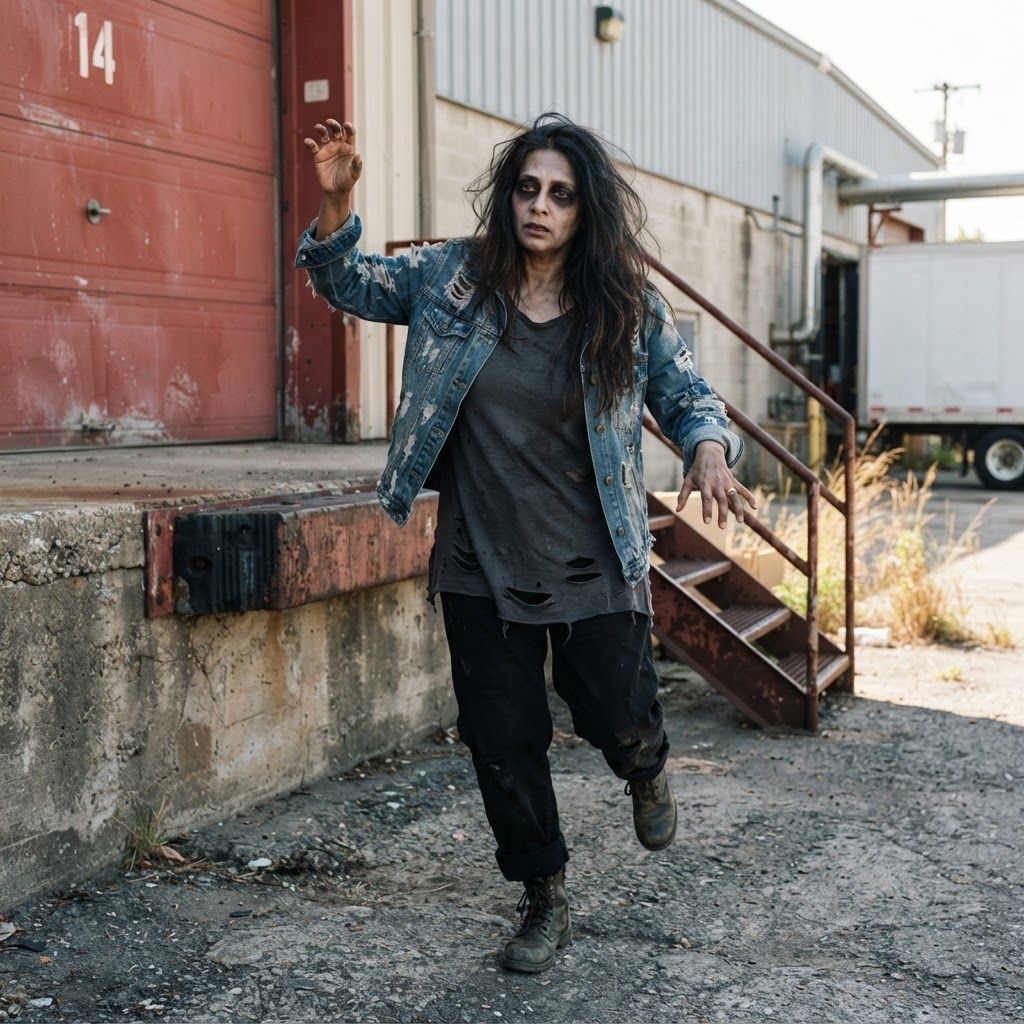 Daylight Zombie in Torn Streetwear: Full-body, slightly low-angle portrait beside an empty industrial loading dock in bright afternoon light.
