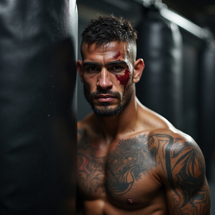 AI-generated photo: Photorealistic professional close-up photograph capturing a UFC fighter standing alone in a deserted...