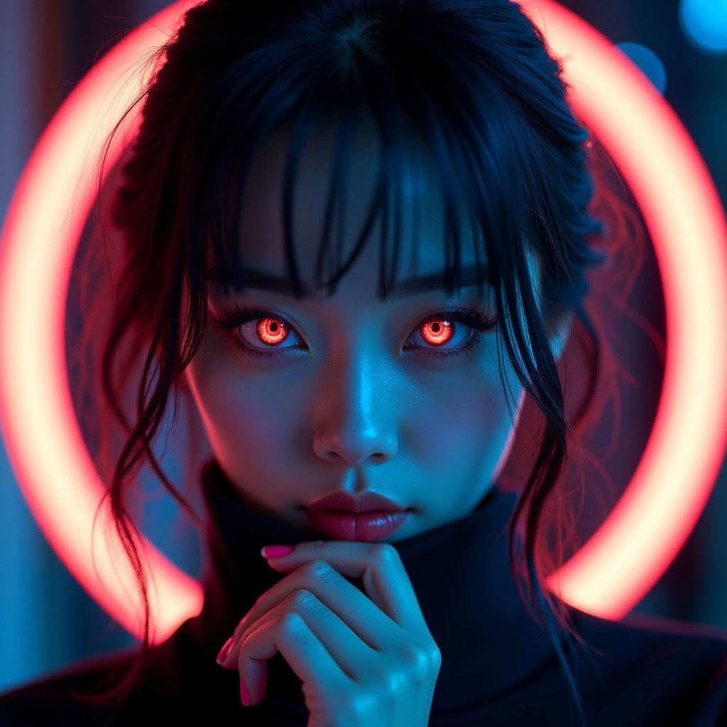 Possessed-Eye Rival Portrait example: Cinematic K-pop fantasy profile portrait photo. Square avatar-style crop with the subject facing slightly off-center but
