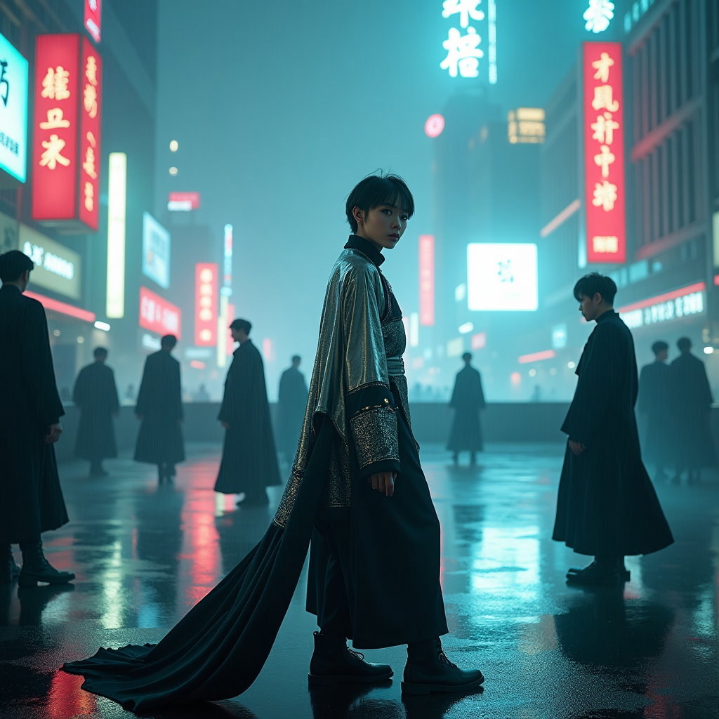 Dance-Pose Battle Portrait example: Cinematic K-pop fantasy portrait photography. Environmental portrait on a rain-slick rooftop stage above a glowing city,