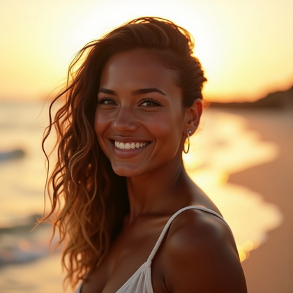 Golden Hour Beach Walk Photo example: Dating profile photo. Profile/avatar crop from the chest up during a beach walk, face fully visible and turned toward th