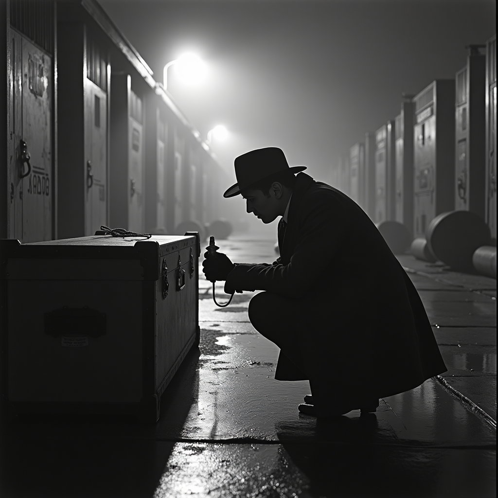 AI-generated photo: Silver gelatin harbor-night character study — on a foggy dock beside looming warehouse doors and sta...