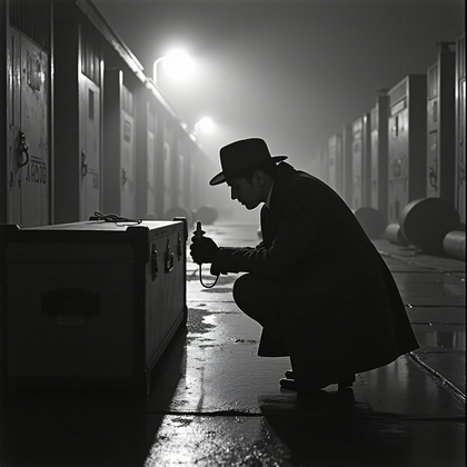 AI-generated photo: Silver gelatin harbor-night character study — on a foggy dock beside looming warehouse doors and sta...