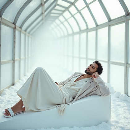 AI-generated photo: Photorealistic fashion editorial photo in a silent, snow-dusted greenhouse where whitewashed steel r...