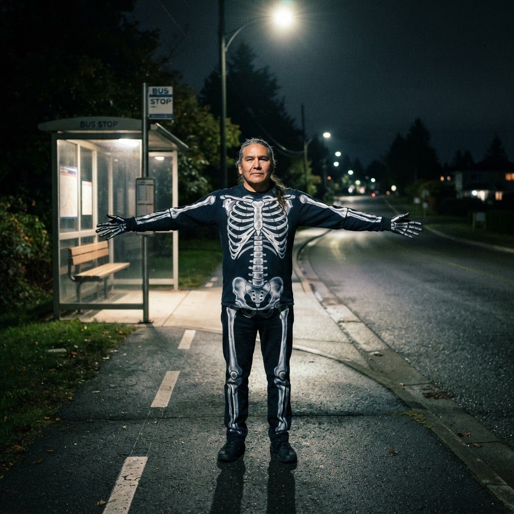 Skeleton Under a Streetlight: Nighttime wide shot at an empty roadside bus stop.