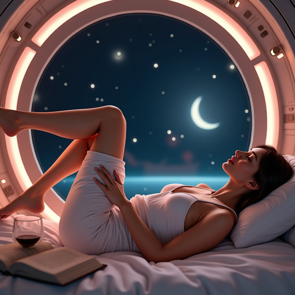 AI-generated photo: Photorealistic romantic space capsule scene, a person floating in a compact but luxurious pod with s...