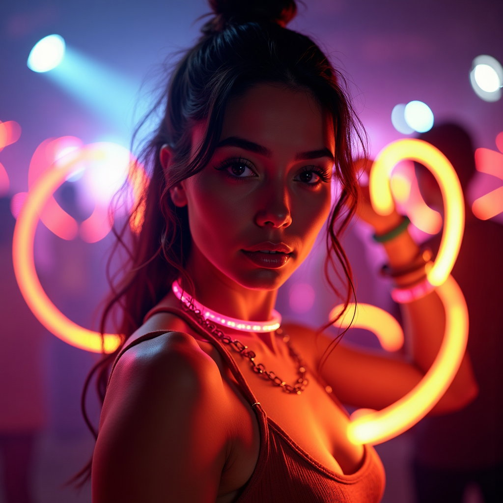 Candid Dance Motion Shot example: Photorealistic experimental festival portrait photography. Creative slow-motion dance portrait with the face crisp and c