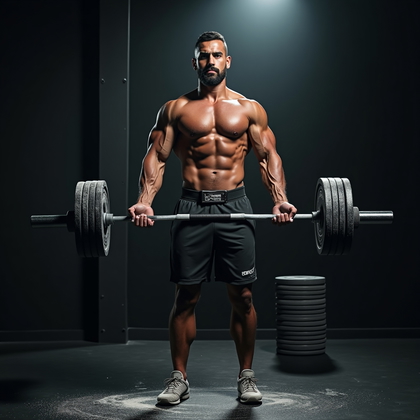 AI-generated photo: Photorealistic fitness photography of a shirtless standing landmine twist beside a corner-mounted ba...