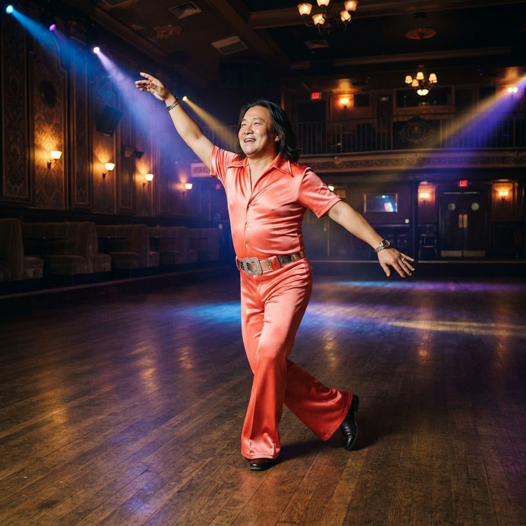 Retro Disco Star in Motion: Three-quarter full-body view in an empty retro dance hall.