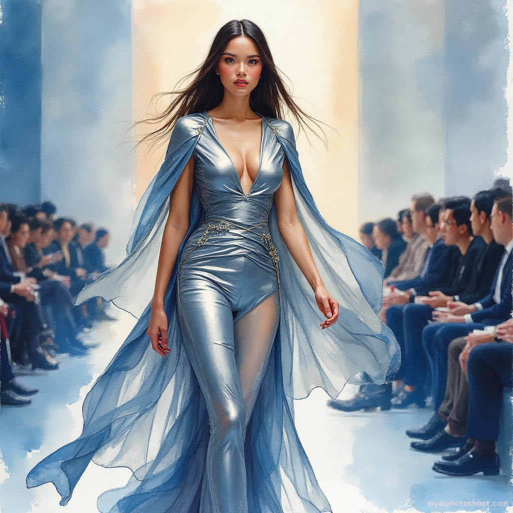 Futurist watercolor. Capture the fluidity and innovation of a futuristic fashion show. Utilize soft, flowing watercolors in metallic hues like silver, gold, and deep indigo to highlight the elegant and avant-garde designs of the garments. The models are portrayed with elongated, graceful postures, their attire merging seamlessly with the runway, which is depicted as a dynamic swirl of abstract patterns and shapes. The audience is hinted at with quick, impressionistic strokes, their faces blurred but captivated by the spectacle.