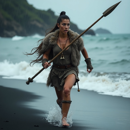 AI-generated photo: Photorealistic outdoor action portrait: On a storm-lashed black-sand shoreline, the subject bursts i...