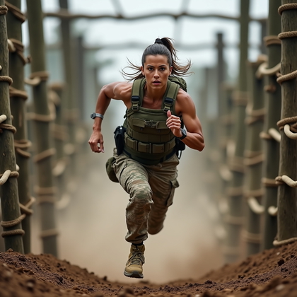 AI-generated photo: Photorealistic action photography. On a rugged obstacle course, a military member is sprinting towar...