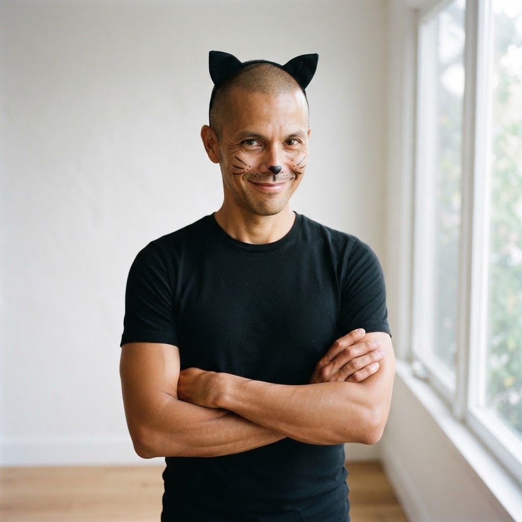 Black Cat Costume Close-Up: Clean, straight-on personal-photo portrait against a white wall beside a window.