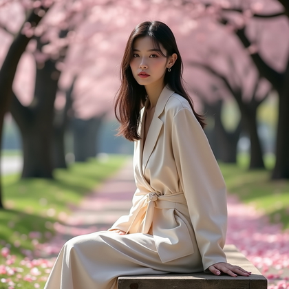 AI-generated photo: Photorealistic fashion portrait photography. A contemplative portrait set beneath blooming cherry tr...