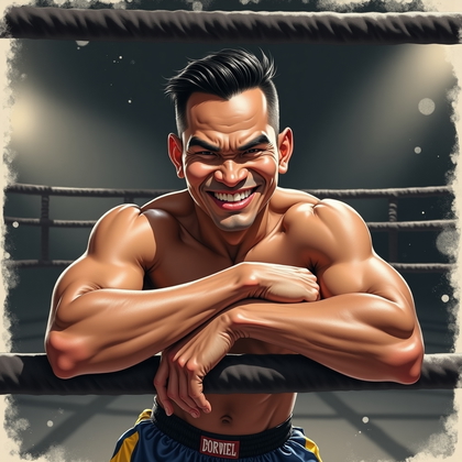 AI-generated photo: Charcoal-and-pastel caricature illustration — gritty boxing gym interior with chalk dust floating in...