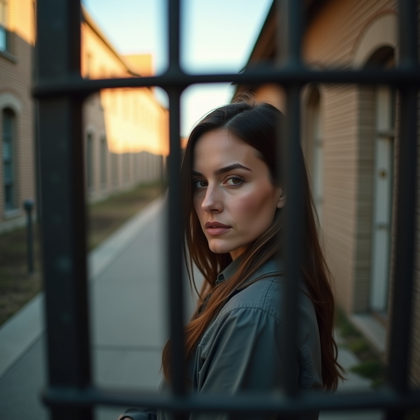 AI-generated photo: Photorealistic editorial portrait photograph taken from just inside the prison fence, with the perso...