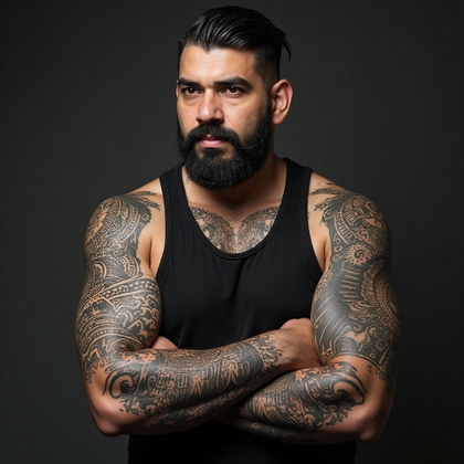 AI-generated photo: Photorealistic photography of a man displaying an elaborate Aztec-inspired tattoo on his left forear...