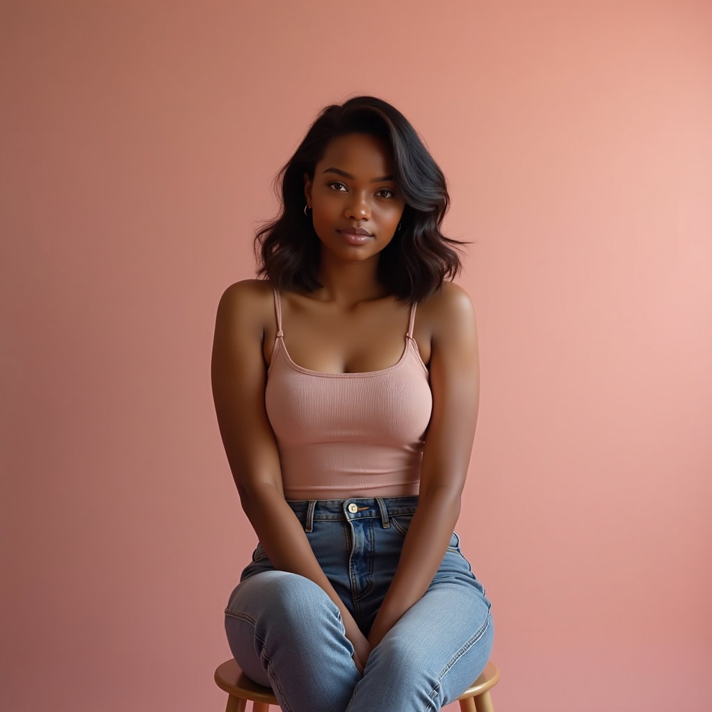 AI-generated photo: Photorealistic studio portrait. The subject is seated on a simple stool, upper body framed from mid-...