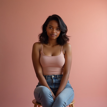 AI-generated photo: Photorealistic studio portrait. The subject is seated on a simple stool, upper body framed from mid-...