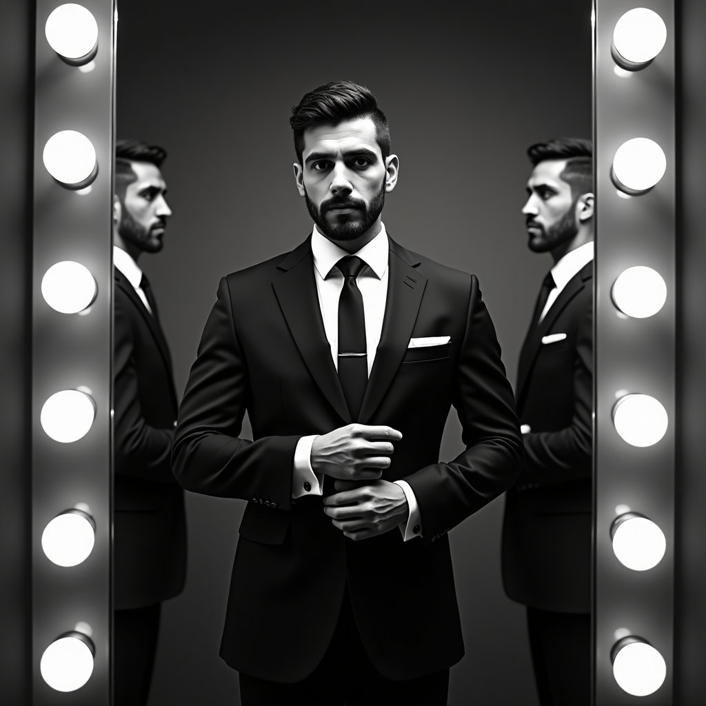 AI-generated photo: Photorealistic black-and-white wedding portrait photograph — in a private dressing room facing a tri...