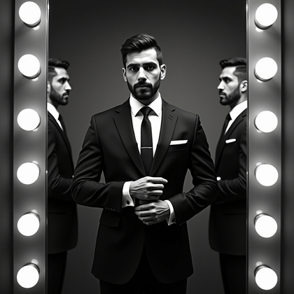 AI-generated photo: Photorealistic black-and-white wedding portrait photograph — in a private dressing room facing a tri...