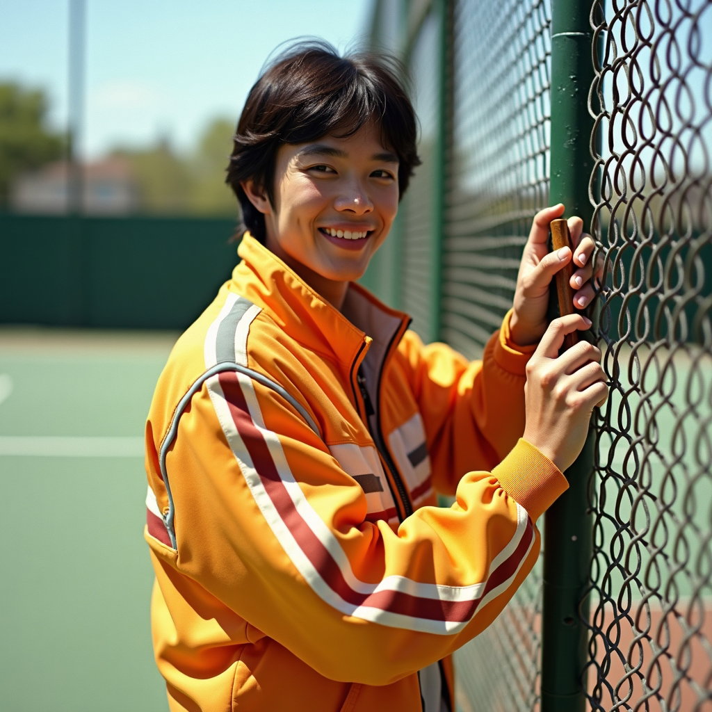 Vintage 70s Tenniscore Portraits example: Photorealistic vintage 1970s editorial photograph. Half-body portrait beside a chain-link court fence, one hand resting