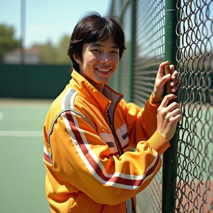 Vintage 70s Tenniscore Portraits example: Photorealistic vintage 1970s editorial photograph. Half-body portrait beside a chain-link court fence, one hand resting 
